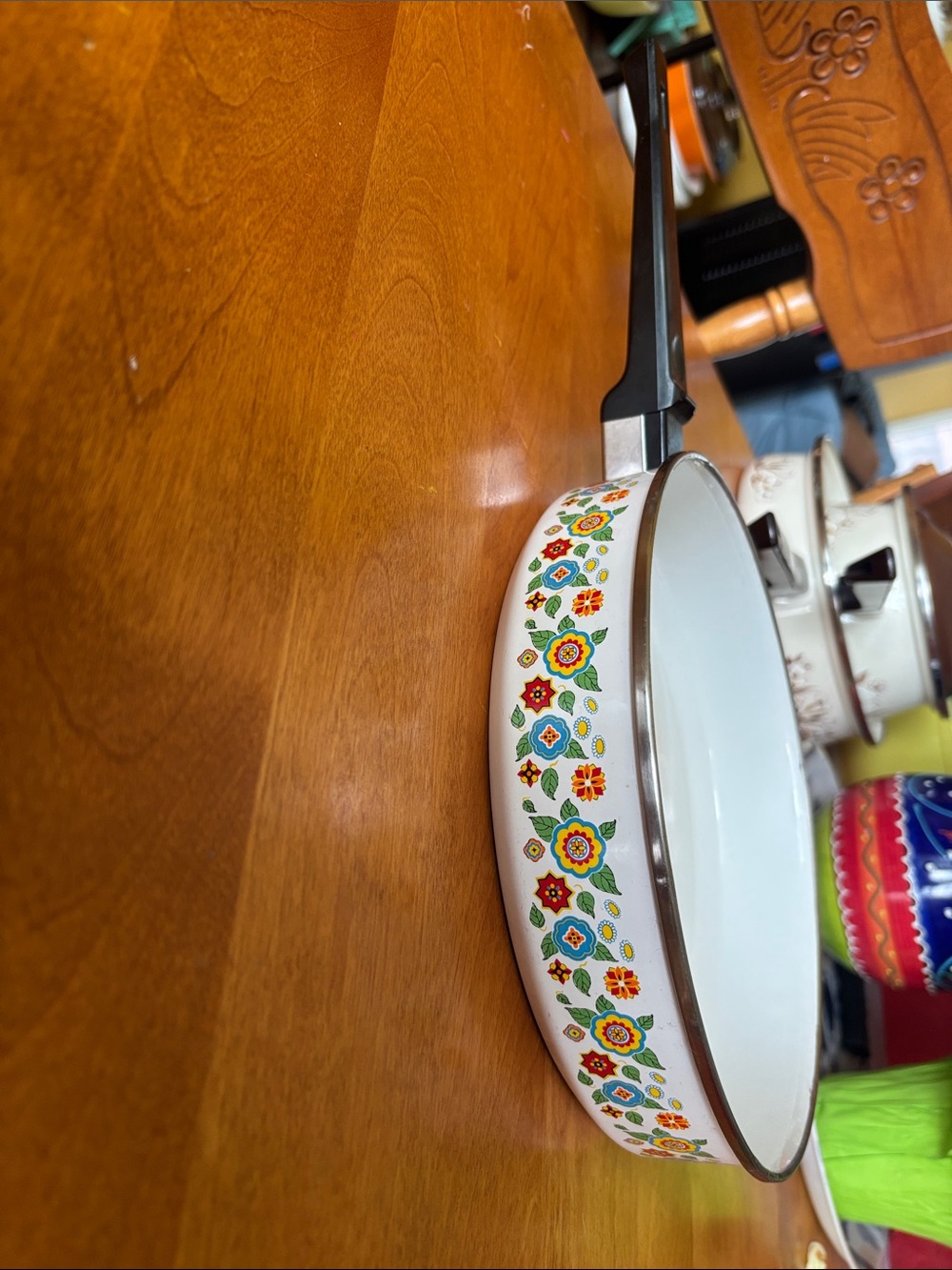 White Vintage 70’s Enamel Skillet with Colorful Floral Border